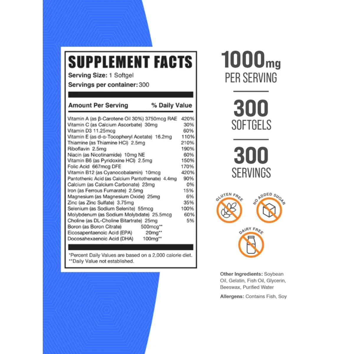 Tabla nutricional del suplemento BulkSupplements Multivitaminas con Aceite de Pescado 300 Cápsulas Blandas
