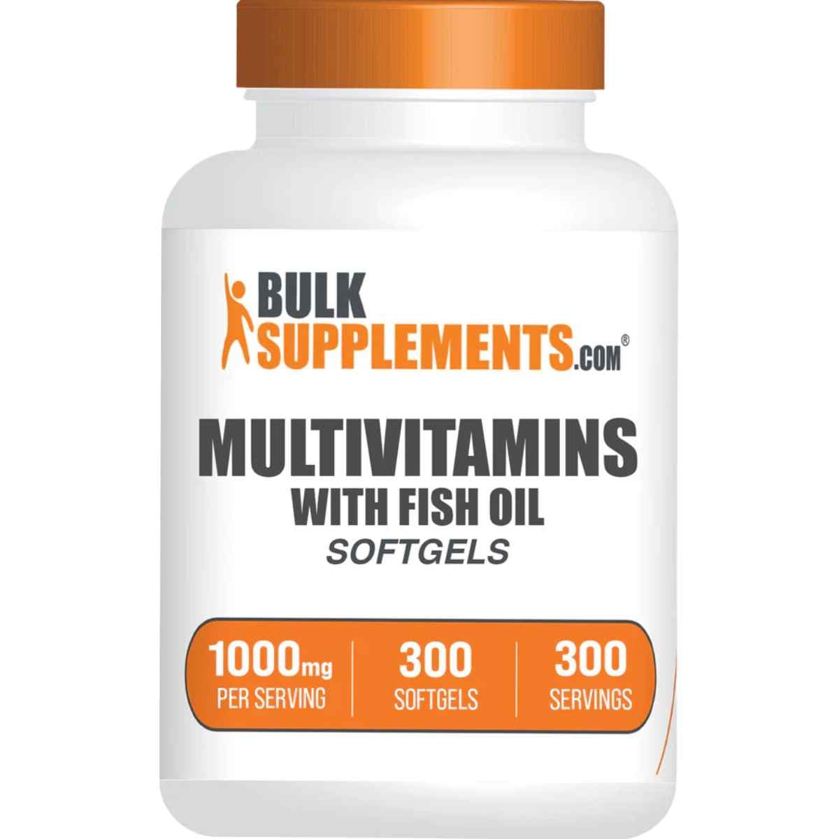 Frasco de suplemento BulkSupplements Multivitaminas con Aceite de Pescado 300 Cápsulas Blandas