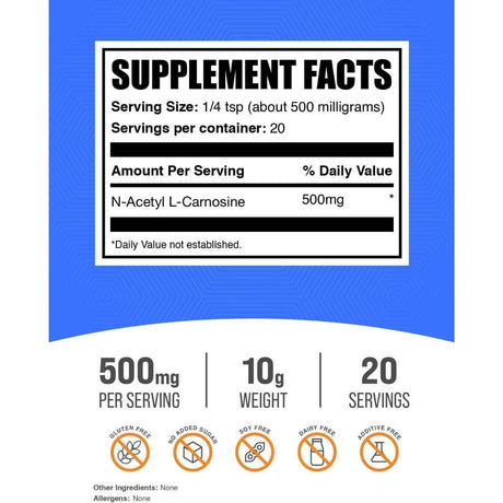 Tabla nutricional del suplemento BulkSupplements.com N-Acetil L-Carnosina 10 g