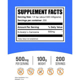 Tabla nutricional del suplemento BulkSupplements.com N-Acetil L-Carnosina 100 g