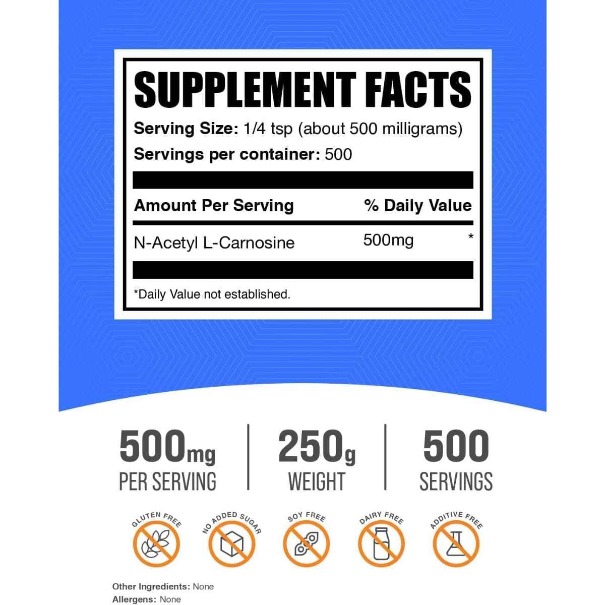 Tabla nutricional del suplemento BulkSupplements.com N-Acetil L-Carnosina 250 g