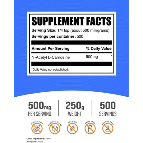 Tabla nutricional del suplemento BulkSupplements.com N-Acetil L-Carnosina 250 g