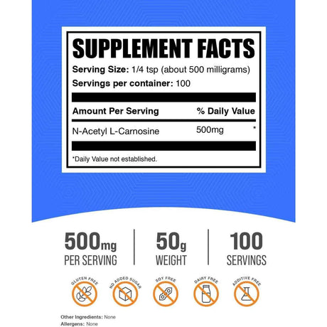 Tabla nutricional del suplemento BulkSupplements.com N-Acetil L-Carnosina 50 g