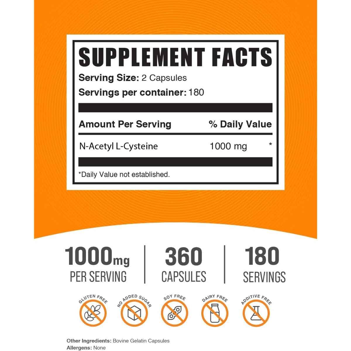 Tabla nutricional del suplemento BulkSupplements.com NAC N-Acetil L-Cisteína 1000 mg 360 cápsulas
