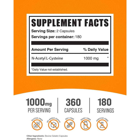 Tabla nutricional del suplemento BulkSupplements.com NAC N-Acetil L-Cisteína 1000 mg 360 cápsulas