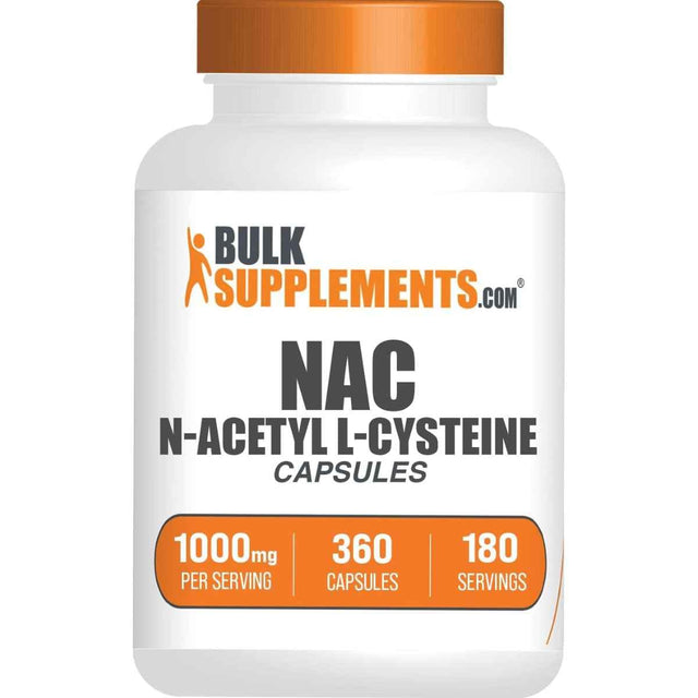 Frasco de suplemento BulkSupplements.com NAC N-Acetil L-Cisteína 1000 mg 360 cápsulas