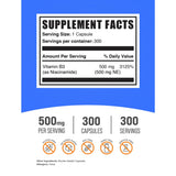 Tabla nutricional del suplemento BulkSupplements Niacinamida 500 mg 300 cápsulas