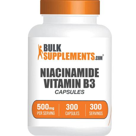 Frasco de suplemento BulkSupplements Niacinamida 500 mg 300 cápsulas