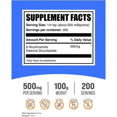 Tabla nutricional del suplemento BulkSupplements Nicotinamida Adenina Dinucleótido 100 g polvo