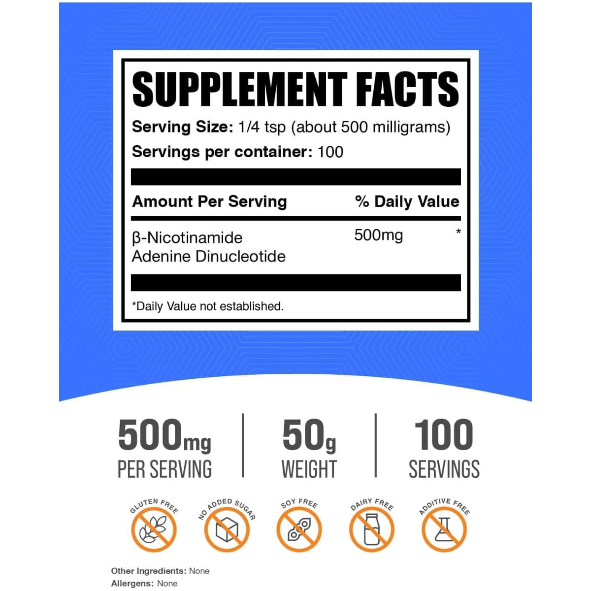Tabla nutricional del suplemento BulkSupplements Nicotinamida Adenina Dinucleótido 50 g polvo