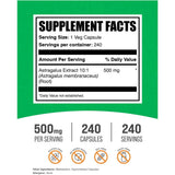 Tabla nutricional del suplemento BulkSupplements Raíz de Astrágalo 500 mg 240 cápsulas