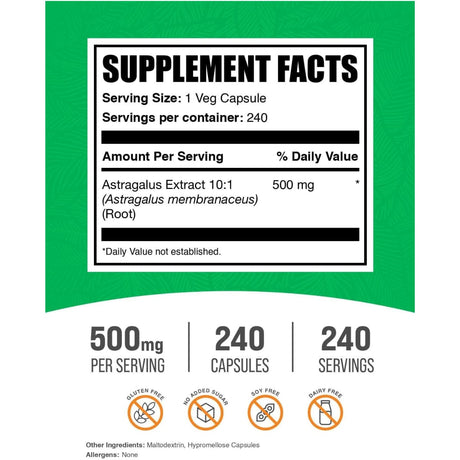 Tabla nutricional del suplemento BulkSupplements Raíz de Astrágalo 500 mg 240 cápsulas