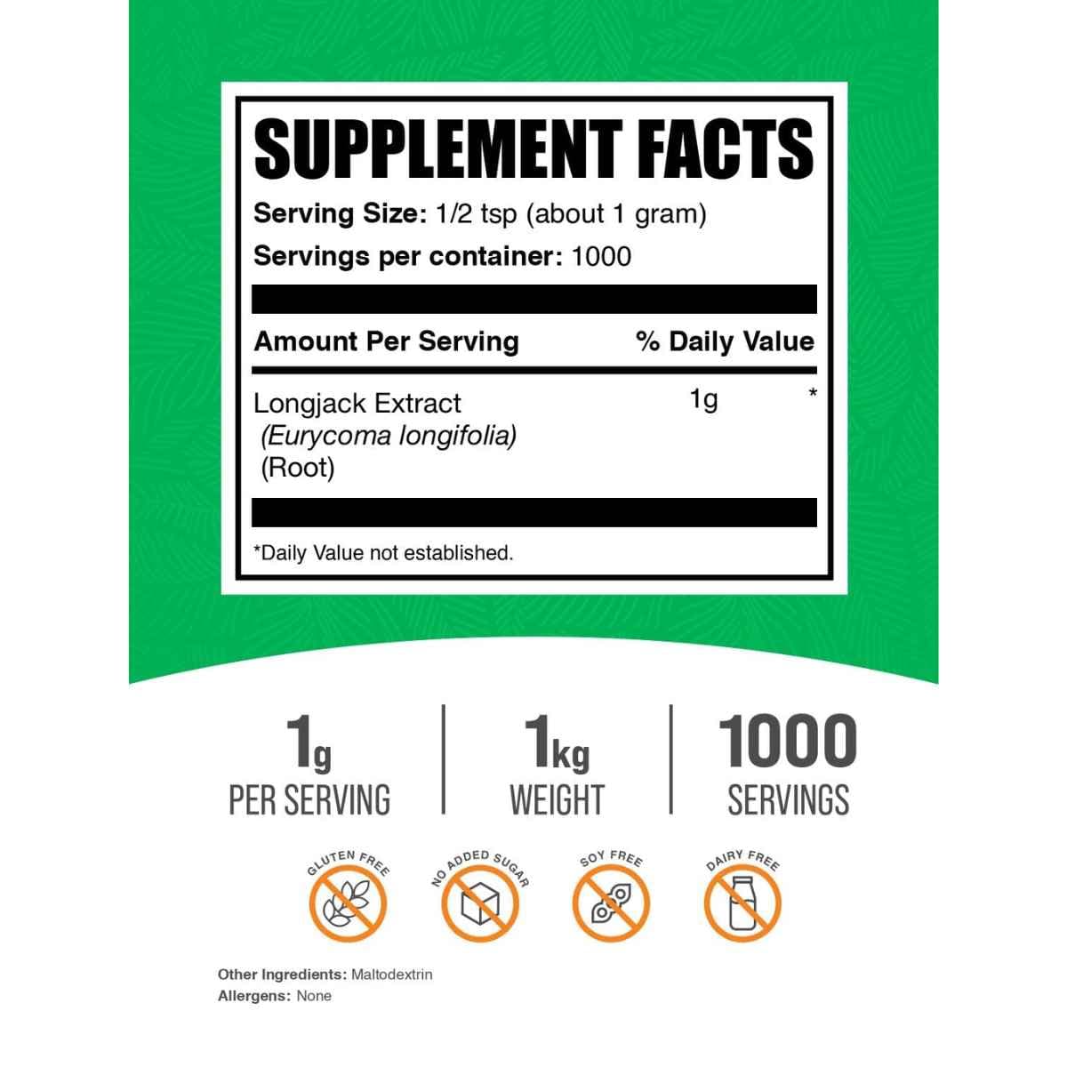 Panel de información del suplemento de BulkSupplements Tongkat Ali Longjack en polvo en presentación de 1 kg