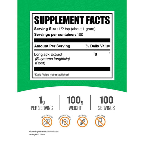 Panel de información del suplemento de BulkSupplements Tongkat Ali Longjack en polvo en presentación de 100 g