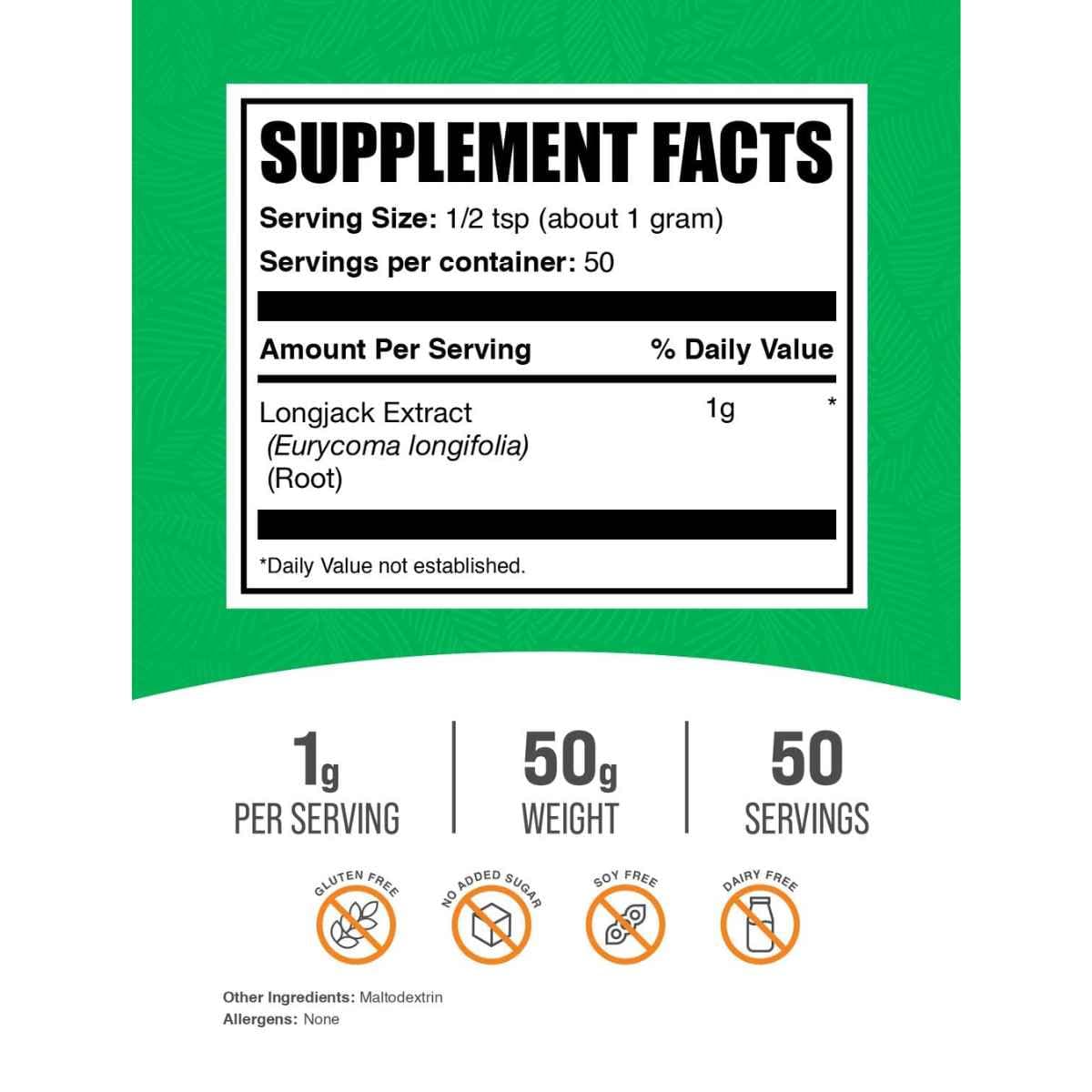 Panel de información del suplemento de BulkSupplements Tongkat Ali Longjack en polvo en presentación de 50 g