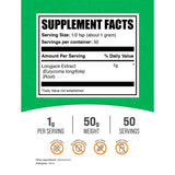 Panel de información del suplemento de BulkSupplements Tongkat Ali Longjack en polvo en presentación de 50 g