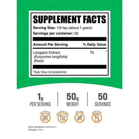 Panel de información del suplemento de BulkSupplements Tongkat Ali Longjack en polvo en presentación de 50 g