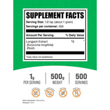 Panel de información del suplemento de BulkSupplements Tongkat Ali Longjack en polvo en presentación de 500 g