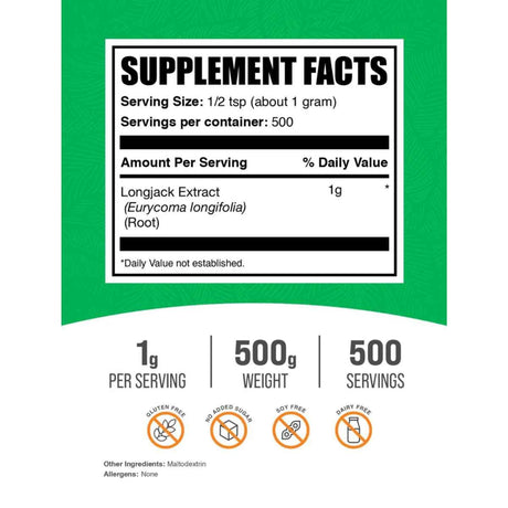 Panel de información del suplemento de BulkSupplements Tongkat Ali Longjack en polvo en presentación de 500 g