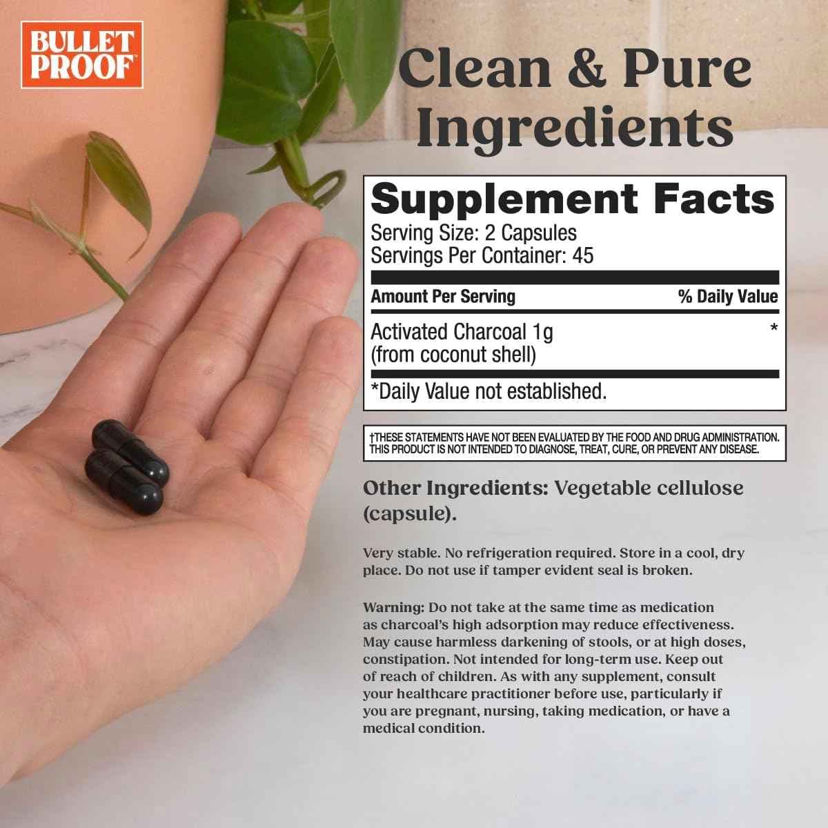 Tabla nutricional del suplemento Bulletproof Carbón Activado de Coco 90 cápsulas