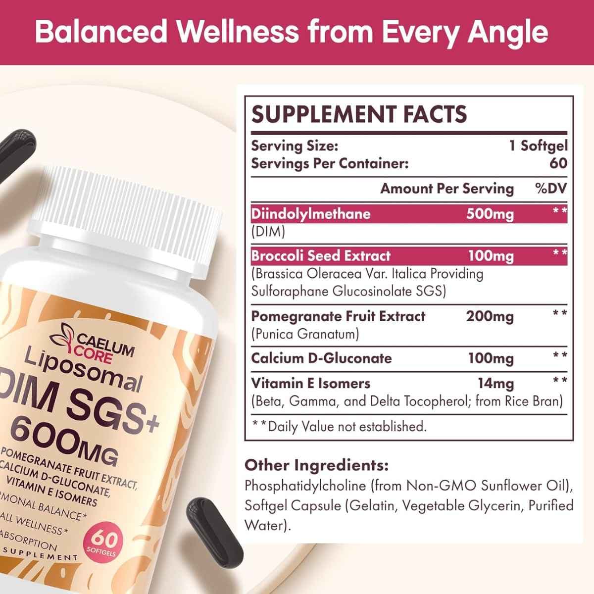 Tabla nutricional del suplemento Caelum Core Liposomal DIM SGS+ 60 Cápsulas Blandas