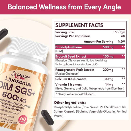 Tabla nutricional del suplemento Caelum Core Liposomal DIM SGS+ 60 Cápsulas Blandas