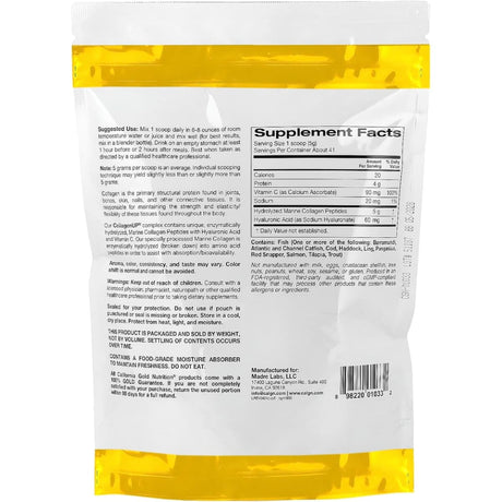 Tabla nutricional del suplemento California Gold Nutrition CollagenUP Colágeno Marino 206 g