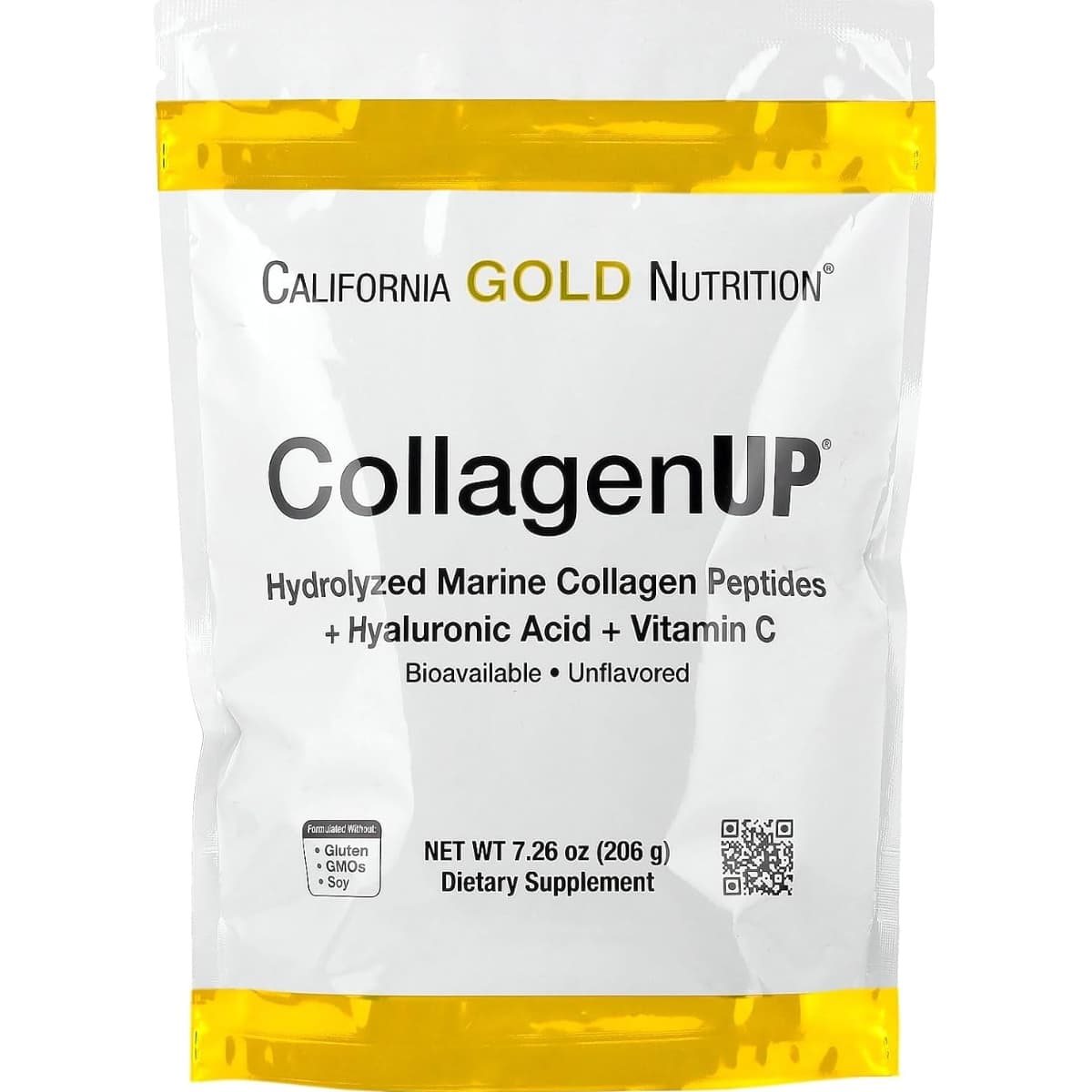 Bolsa del suplemento California Gold Nutrition CollagenUP Colágeno Marino 206 g
