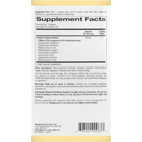 Tabla nutricional del suplemento California Gold Nutrition LactoBif® 5 Probióticos 5 Mil Millones UFC 60 Cápsulas Vegetales