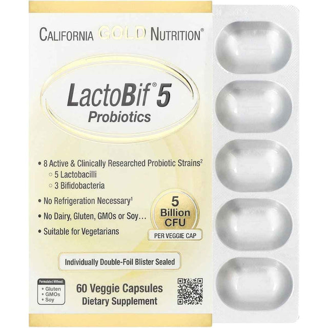 Empaque de suplemento California Gold Nutrition LactoBif® 5 Probióticos 5 Mil Millones UFC 60 Cápsulas Vegetales