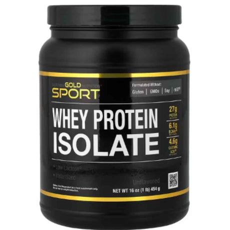 Envase frontal de California Gold Nutrition Sport aislado de proteína de suero sin sabor, presentación de 454 g