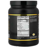 Vista posterior de California Gold Nutrition Sport aislado de proteína de suero con información nutricional e ingredientes