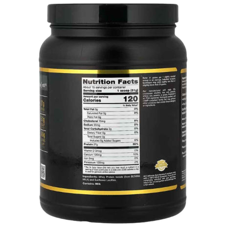 Vista posterior de California Gold Nutrition Sport aislado de proteína de suero con información nutricional e ingredientes