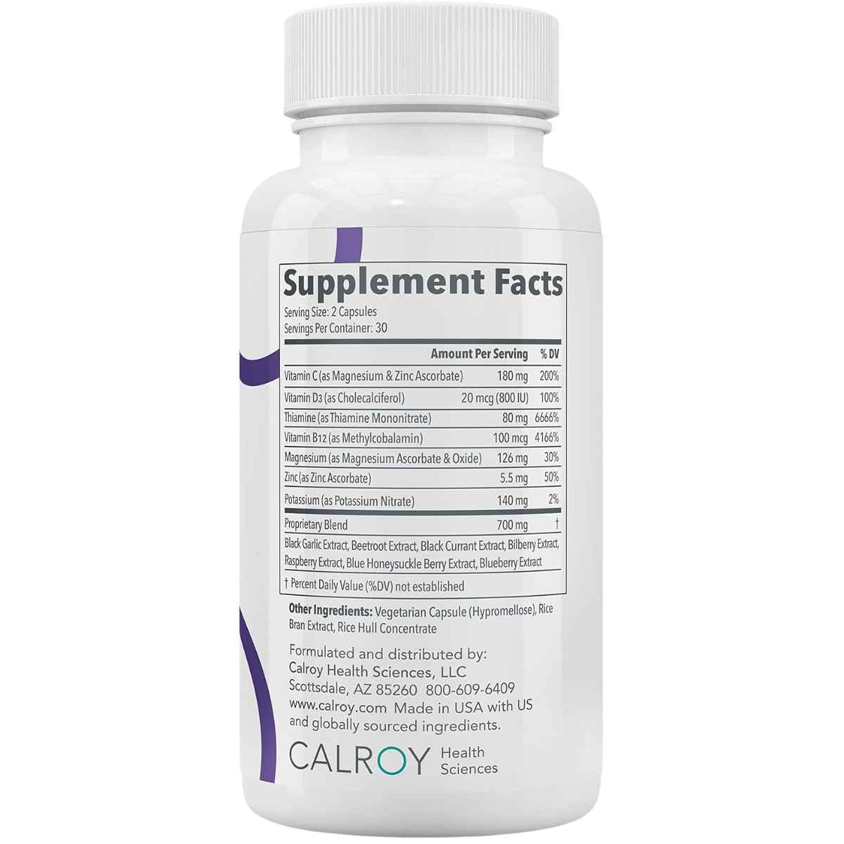 Tabla nutricional del suplemento Calroy Health Sciences Vascanox HP 60 cápsulas
