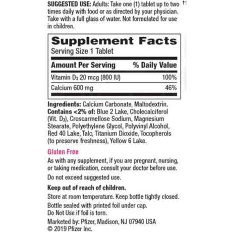 Tabla nutricional del suplemento Caltrate Calcio y Vitamina D3 600 mg 800 UI 200 tabletas