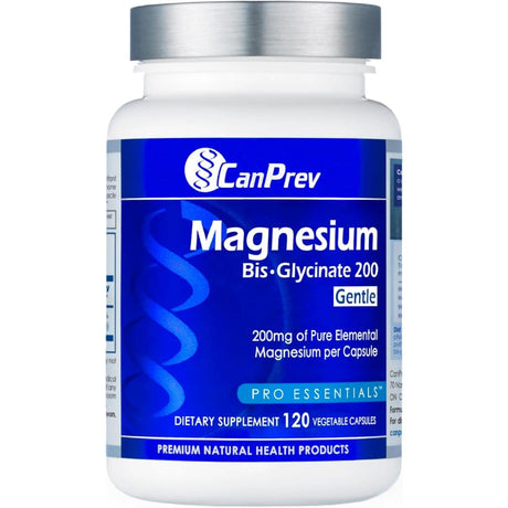 Frasco frontal de CanPrev Bisglicinato de magnesio 200 Gentle, 120 cápsulas.