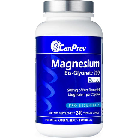 Frasco frontal de CanPrev Bisglicinato de magnesio 200 Gentle, 240 cápsulas.