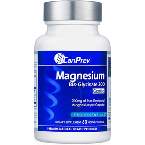 Frasco frontal de CanPrev Bisglicinato de magnesio 200 Gentle, 60 cápsulas.