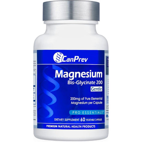 Frasco frontal de CanPrev Bisglicinato de magnesio 200 Gentle, 60 cápsulas.