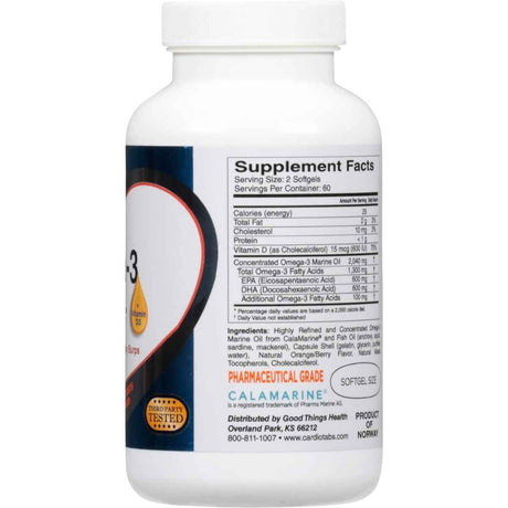 Tabla nutricional del suplemento Cardiotabs Omega-3 Concentrado con Vitamina D3 1300 mg 120 cápsulas blandas