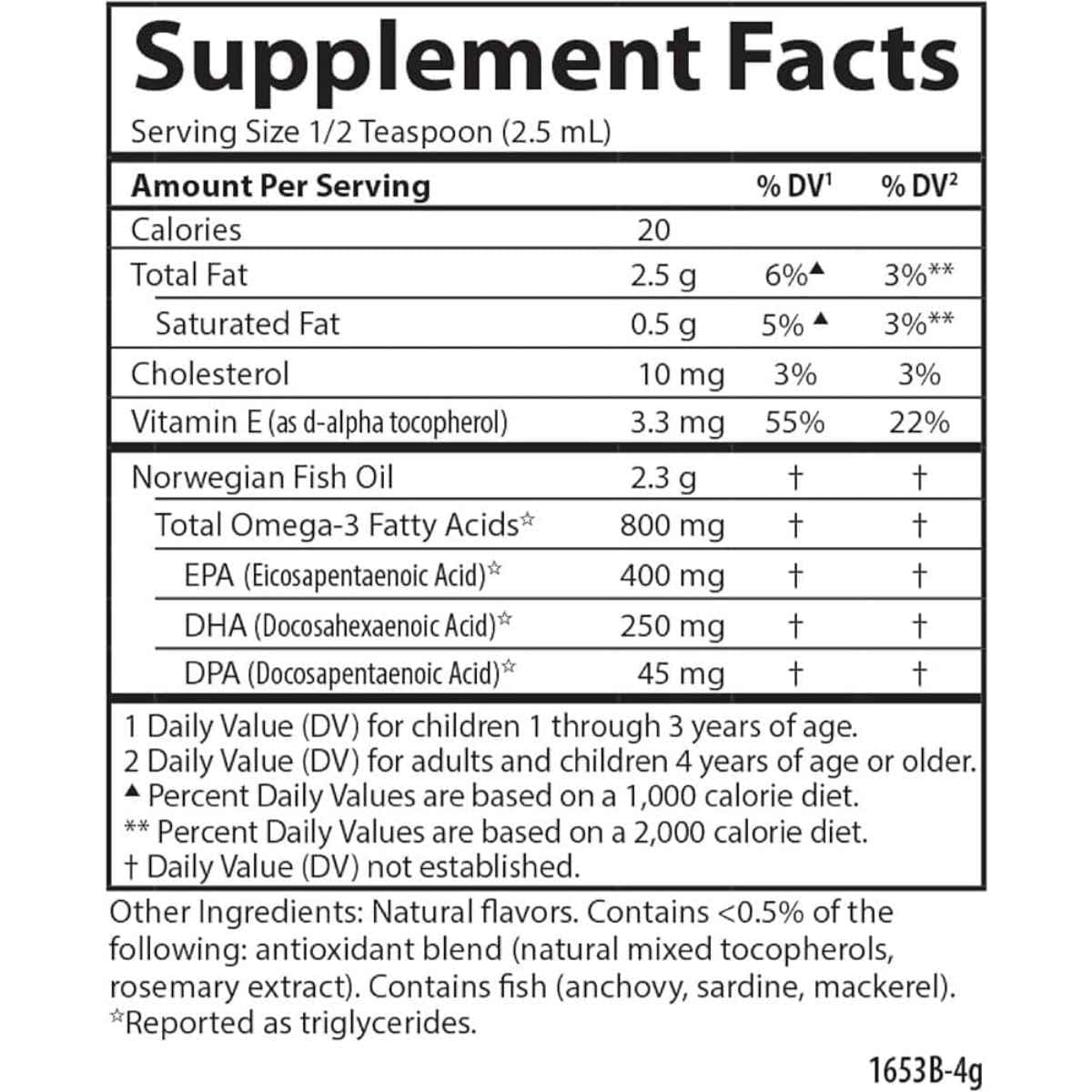 Tabla nutricional del suplemento Carlson Aceite de Pescado para Niños Naranja 200 ml
