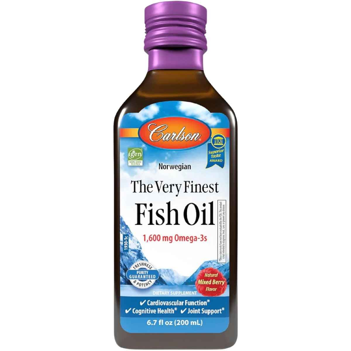Botella frontal de Carlson aceite de pescado Omega 3 líquido sabor durazno, presentación de 6.7 fl oz / 200 mL.