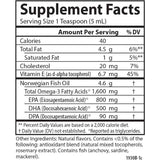 Tabla de suplementos de Carlson aceite de pescado Omega 3 líquido sabor durazno, presentación de 6.7 fl oz / 200 mL, con porción de 1 cucharadita y Omega 3 declarado.