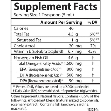 Tabla de suplementos de Carlson aceite de pescado Omega 3 líquido sabor durazno, presentación de 6.7 fl oz / 200 mL, con porción de 1 cucharadita y Omega 3 declarado.