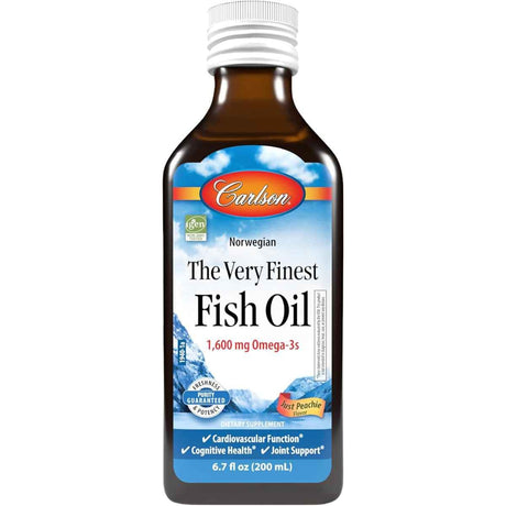 Botella frontal de Carlson aceite de pescado Omega 3 líquido sabor frutos rojos, presentación de 6.7 fl oz / 200 mL.