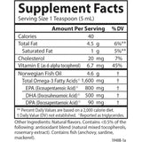 Tabla de suplementos de Carlson aceite de pescado Omega 3 líquido sabor frutos rojos, presentación de 6.7 fl oz / 200 mL, con porción de 1 cucharadita y Omega 3 declarado.
