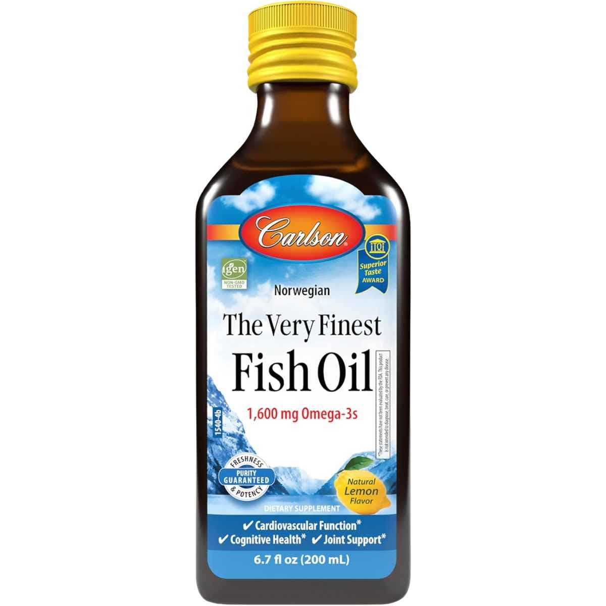 Botella frontal de Carlson aceite de pescado Omega 3 líquido sabor limón, presentación de 6.7 fl oz / 200 mL.