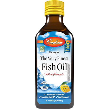 Botella frontal de Carlson aceite de pescado Omega 3 líquido sabor limón, presentación de 6.7 fl oz / 200 mL.