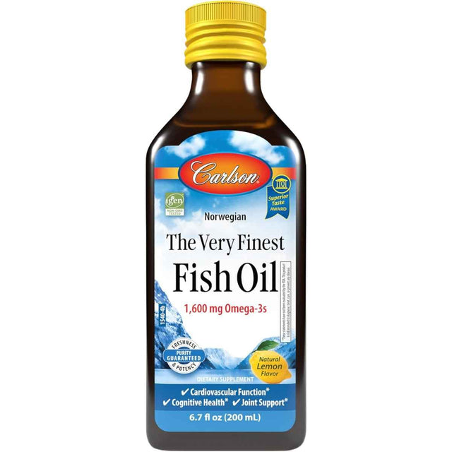 Botella frontal de Carlson aceite de pescado Omega 3 líquido sabor limón, presentación de 6.7 fl oz / 200 mL.