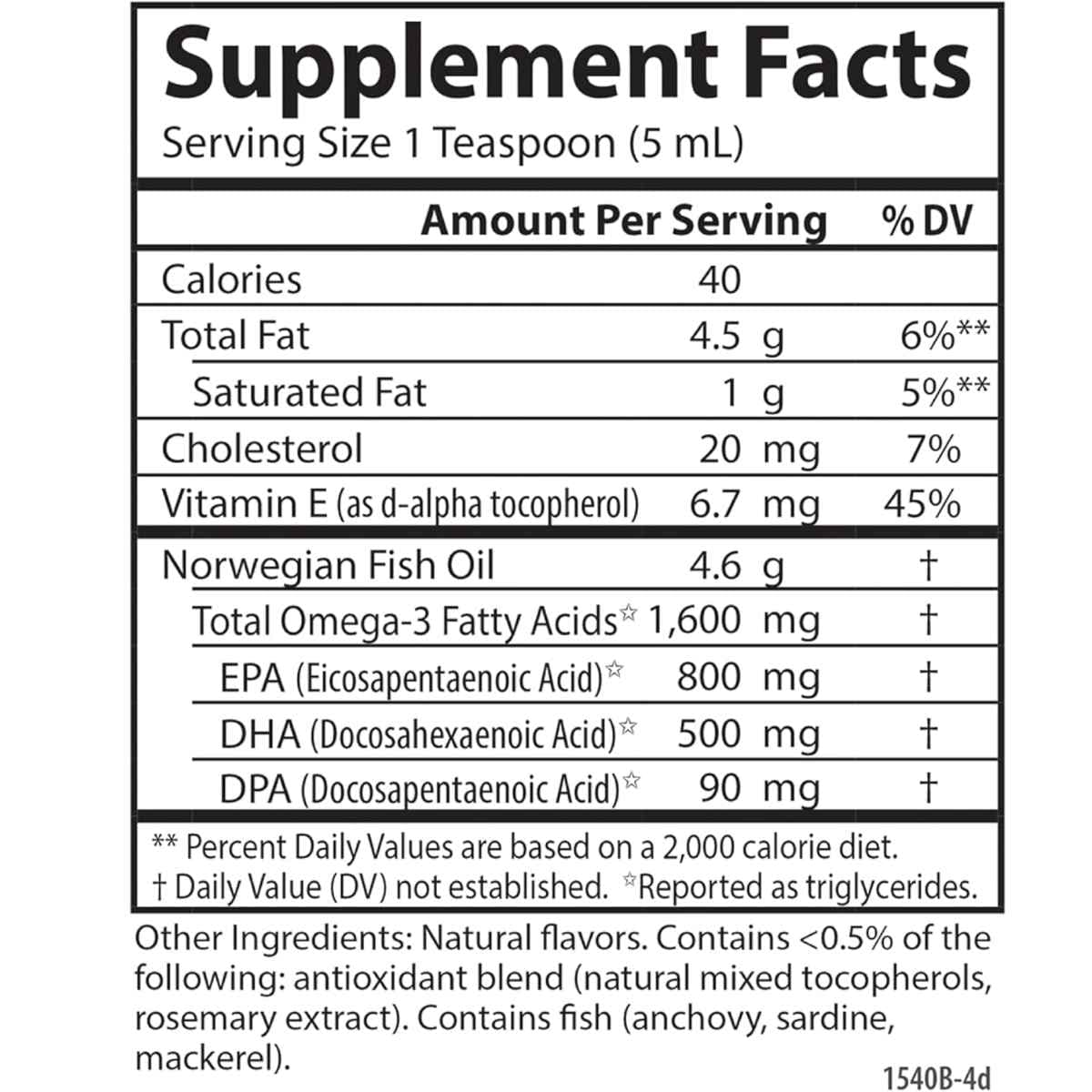 Tabla de suplementos de Carlson aceite de pescado Omega 3 líquido sabor limón, presentación de 6.7 fl oz / 200 mL, con porción de 1 cucharadita y Omega 3 declarado.